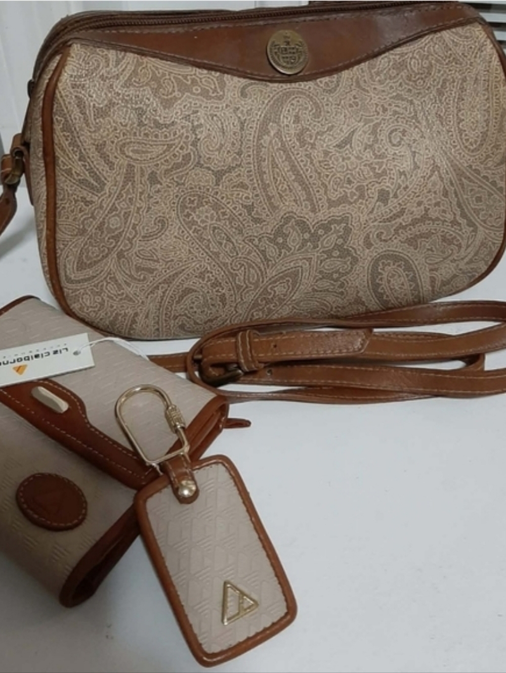 LIZ CLAIBORNE 1985/90 Retired/Vintage Paisley Crossbody Mixed Logo 3 Pc Set